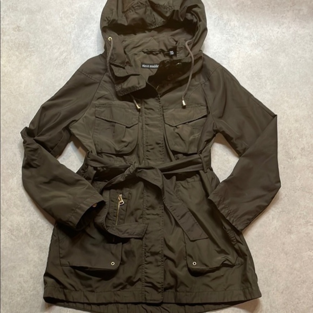 Steve Madden Brown Utility Anorak Jacket Hooded Belted Waist Womens Sz S
